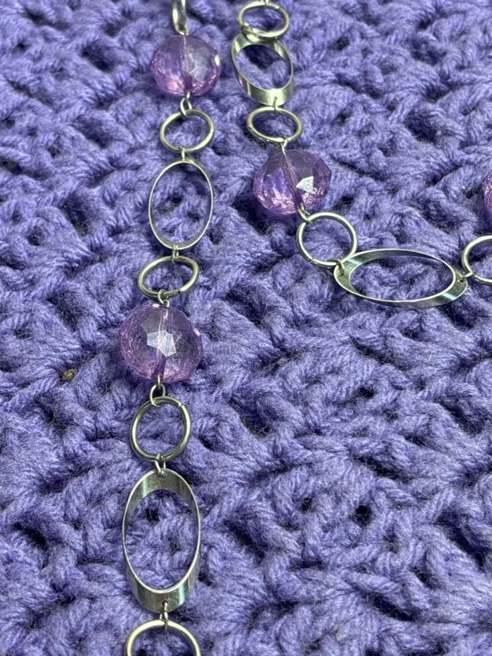 Geometric Silvertone Chain Necklace Purple Plastic Beads No Clasp 33 inches Long